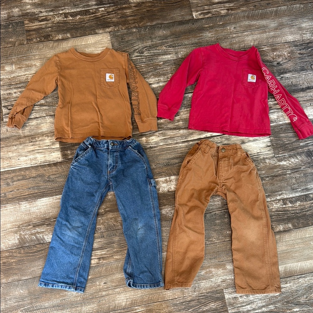 Carhartt Kids' Brown and Red Shirt with Blue and Brown Pants Set
